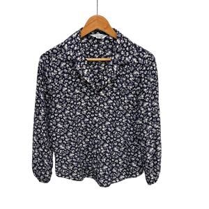 & Other Stories Silk Blend Blouse US 4 Navy Floral Notch Collar Top